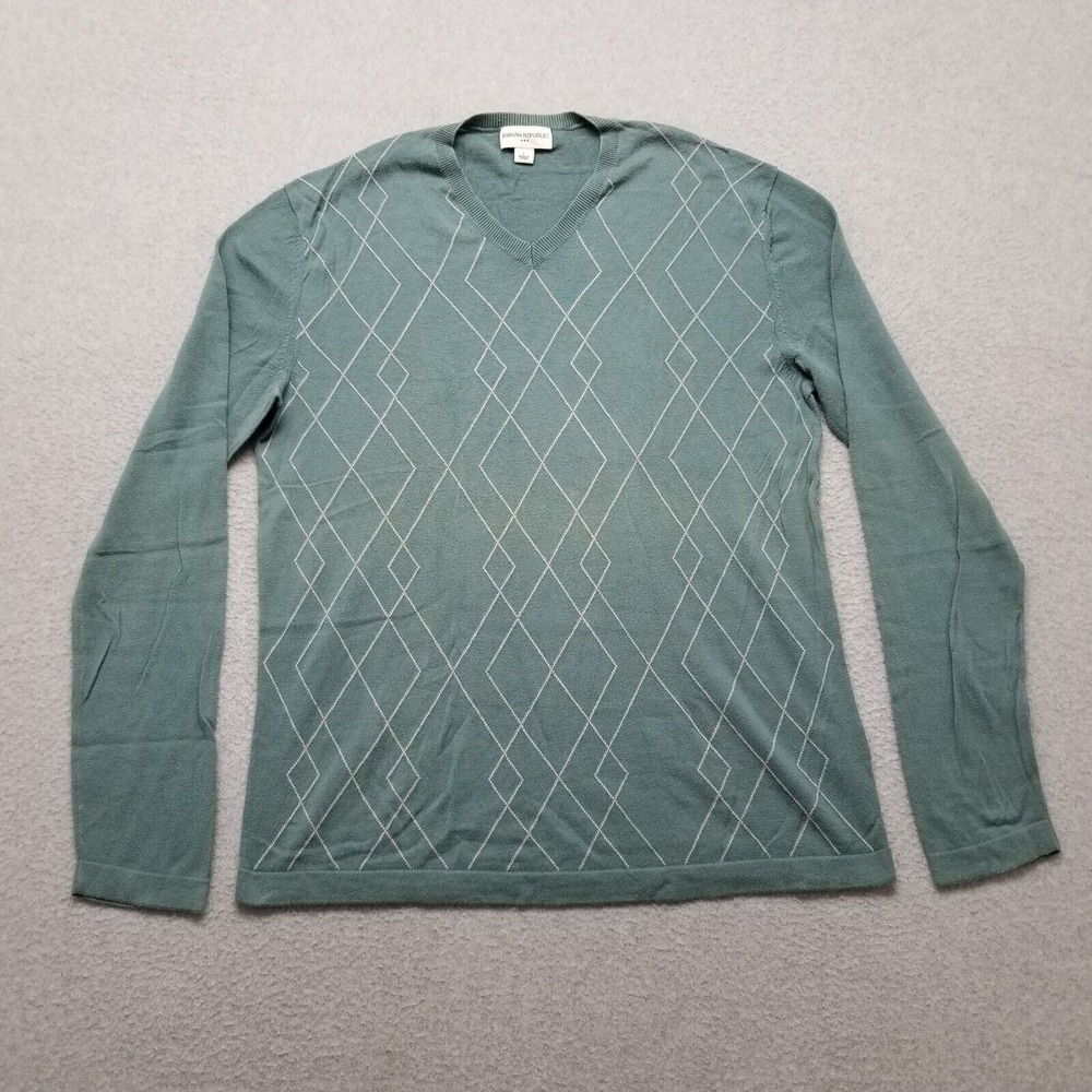 Banana Republic Sweater Mens Large Green Pullover V Neck Cotton Lightweight‎